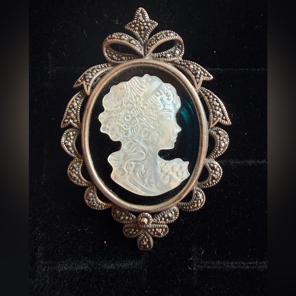 Vintage Cameo Brooch with Silver and Black Details